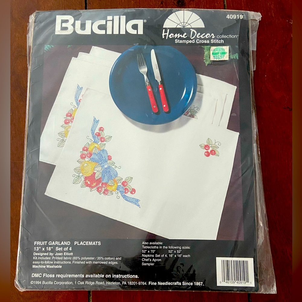 Bucilla Stamped Cross Stitch Kit- Fruit Garland Placemats (4)